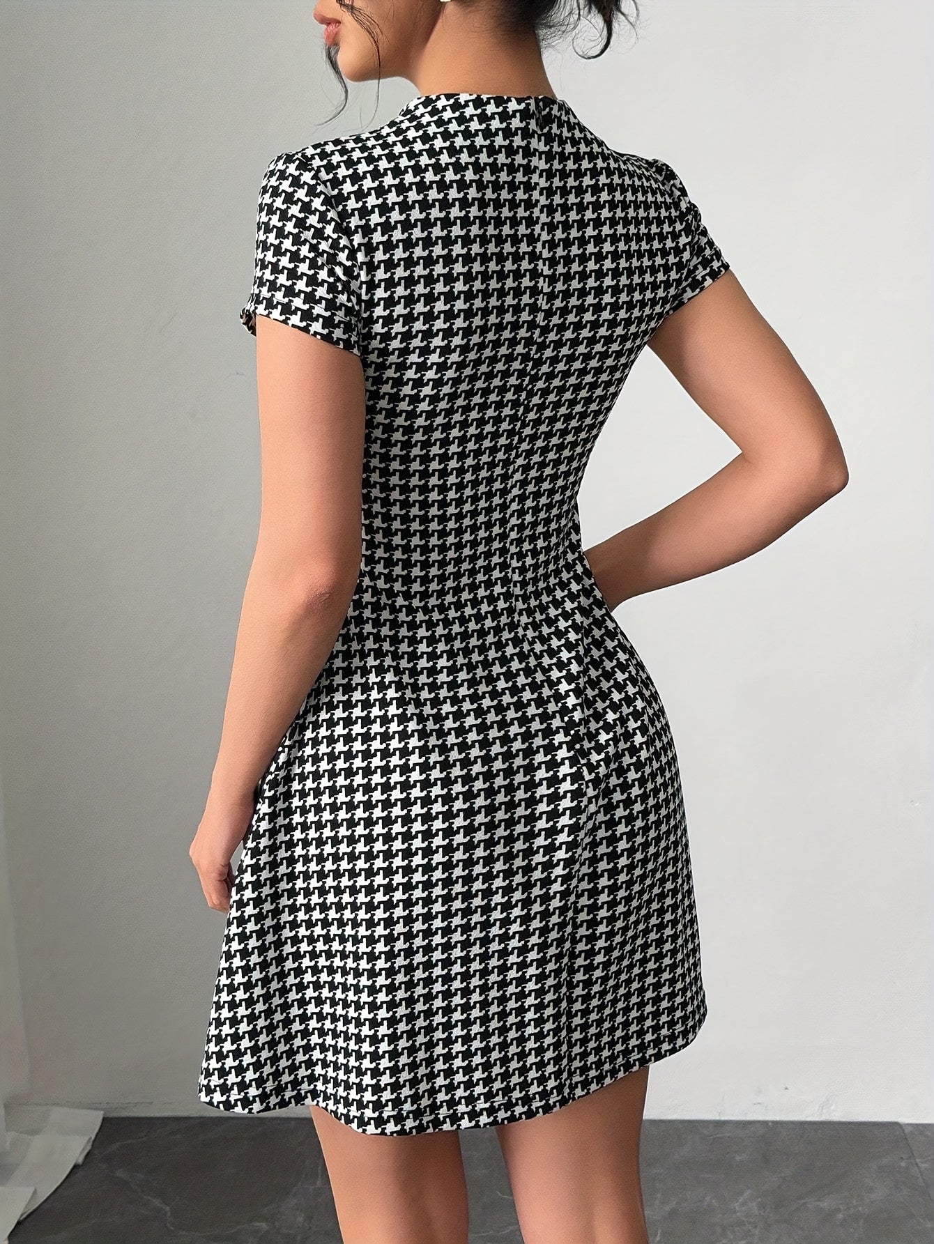 Chic Houndstooth Party Dress - Short Sleeve, Cinched Waist, Mock Neck with Faux Pockets, Black & White Pattern, A-Line Silhouette, Perfect for Summer Gatherings, Summer Party Dress | Fitted Waist Dress | Short Sleeve Dress, E